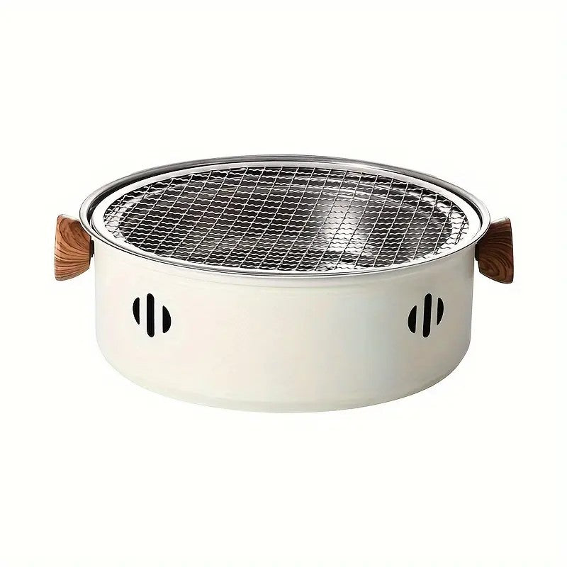 Portable mini tabletop barbecue grill, made of stainless steel, includes a grill mesh, designed for home use, and functions as a detachable charcoal grill.