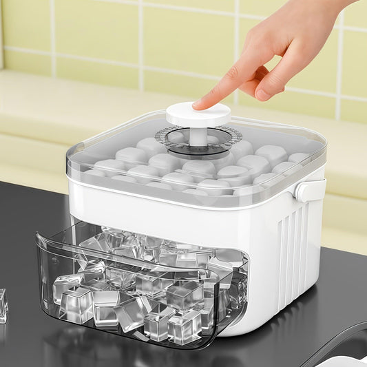 1PC Refrigerator Ice Cube Mold, Manual Press Two-Layer Design, Large Capacity Food-Grade PP Material, Suitable for Refrigerator Ice Making â Essential Kitchen Tool, 50-Cavity Ice Tray with Container, Practical Household Drink Ice Organizer.WHITE.