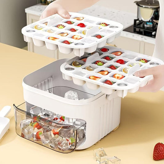 1PC Refrigerator Ice Cube Mold, Manual Press Two-Layer Design, Large Capacity Food-Grade PP Material, Suitable for Refrigerator Ice Making â Essential Kitchen Tool, 50-Cavity Ice Tray with Container, Practical Household Drink Ice Organizer.WHITE.