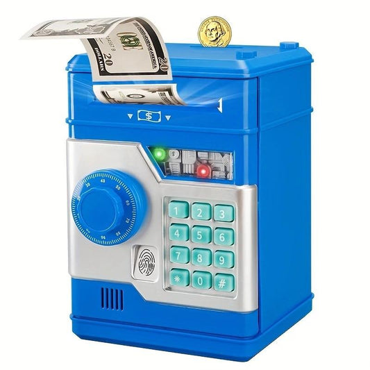 Children's Password Piggy Bank, Dual Lock,BLUE  Automatic Bill Intake, Develops Savings Habit, Multiple Colors Available, Battery Not Included.