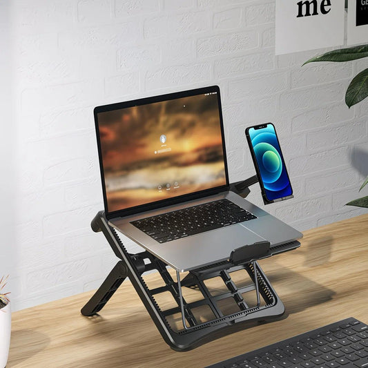 Adjustable laptop stand, designed for 17.3-inch laptops, a portable stand that allows for height adjustment on the desk, and comes with a dedicated phone holder..