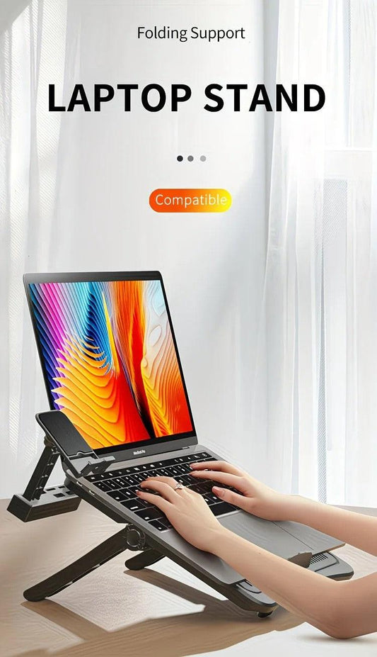 Adjustable laptop stand, designed for 17.3-inch laptops, a portable stand that allows for height adjustment on the desk, and comes with a dedicated phone holder..