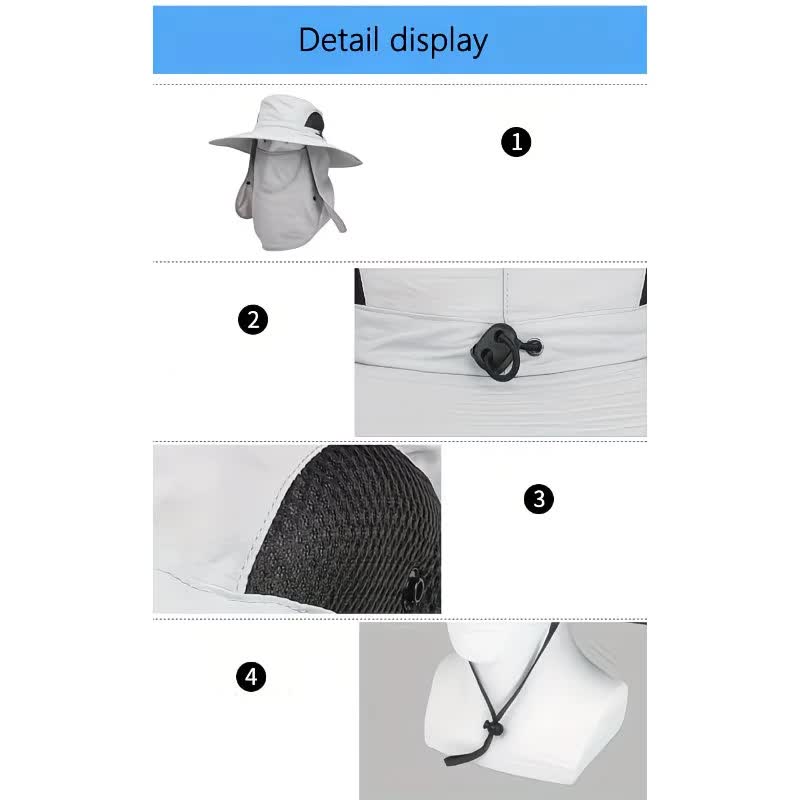 grey，Extra Wide Fishing Hat with Detachable Sun Visor and Neck Guard - The Perfect Choice for Summer Fishing, Hiking, and Outdoor Activities