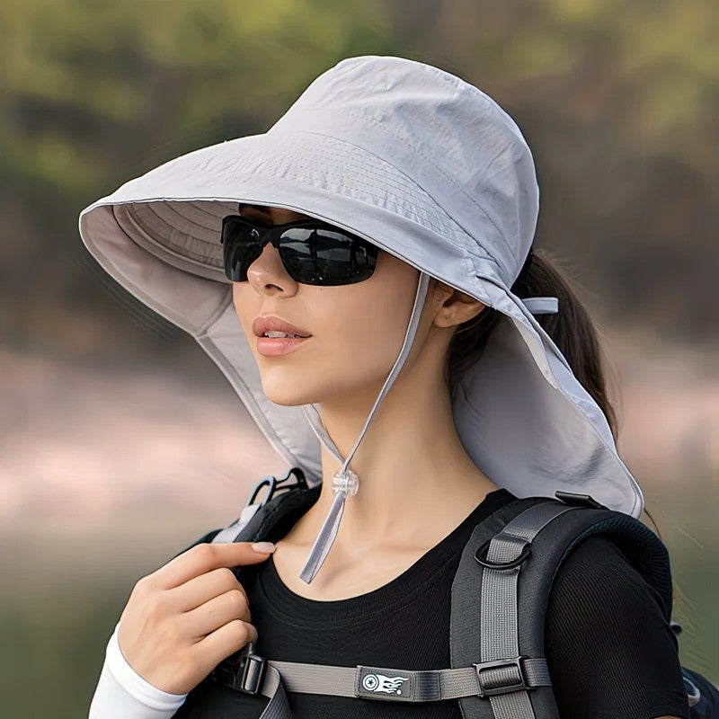 Black Fashion Wide Brim Sun Hat with Ponytail Hole - Bohemian Baseball Cap Design, Visor, Breathable Polyester