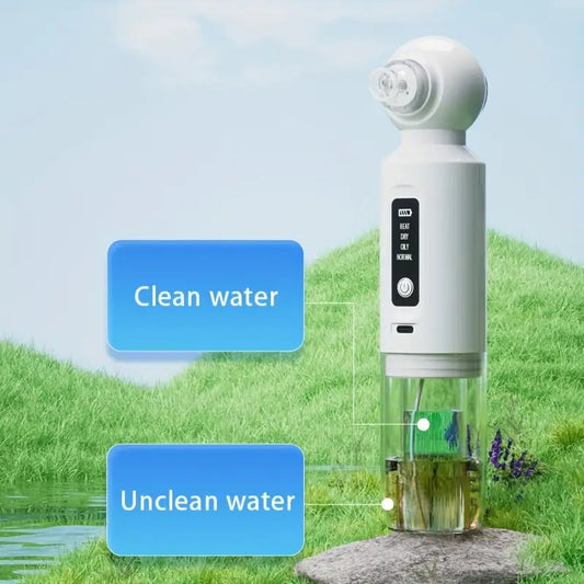 Six-head blackhead cleaner with electric vacuum suction for deep pore cleaning. USB-rechargeable mini bubble facial device features a 3-second long press to activate heating mode, maintaining a constant 46°C temperature.