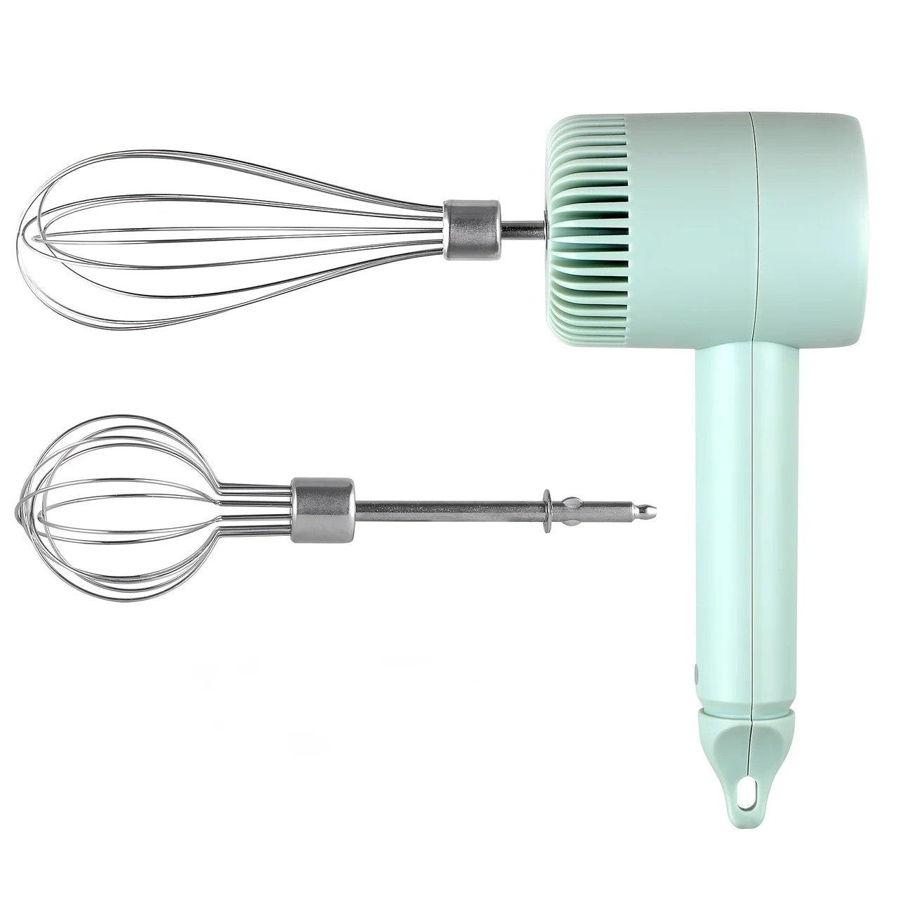 Green Wireless charging handheld mixer, 30W with three-speed settings. Dual whisk heads designed for whipping eggs, cream, and batter. Suitable for both kitchen and outdoor use, also an ideal gift..
