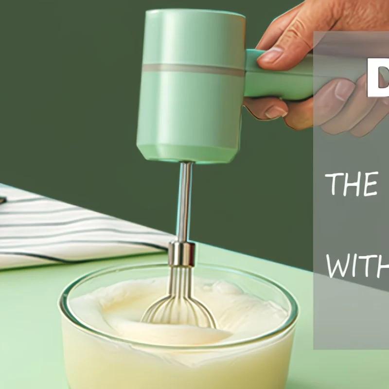 Green Wireless charging handheld mixer, 30W with three-speed settings. Dual whisk heads designed for whipping eggs, cream, and batter. Suitable for both kitchen and outdoor use, also an ideal gift..