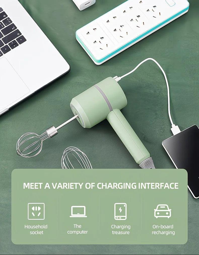 Green Wireless charging handheld mixer, 30W with three-speed settings. Dual whisk heads designed for whipping eggs, cream, and batter. Suitable for both kitchen and outdoor use, also an ideal gift..