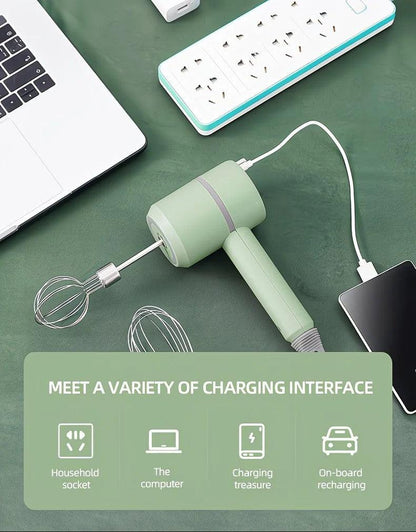 Green Wireless charging handheld mixer, 30W with three-speed settings. Dual whisk heads designed for whipping eggs, cream, and batter. Suitable for both kitchen and outdoor use, also an ideal gift..