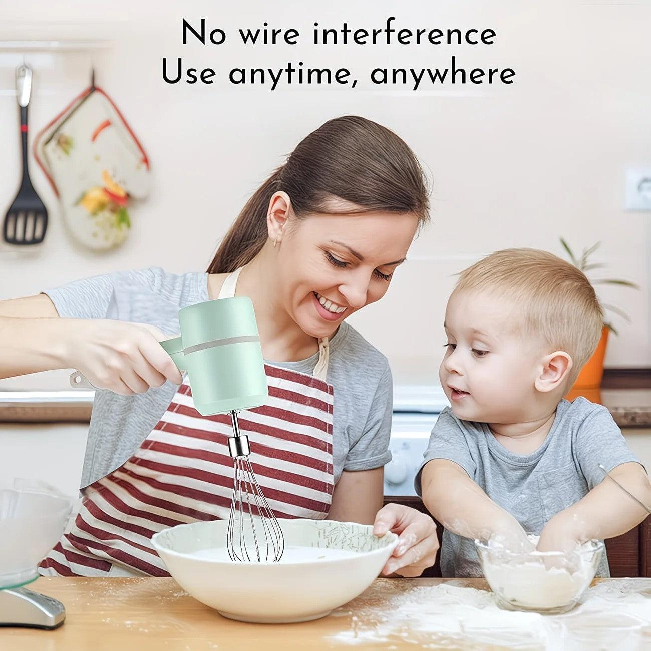 Green Wireless charging handheld mixer, 30W with three-speed settings. Dual whisk heads designed for whipping eggs, cream, and batter. Suitable for both kitchen and outdoor use, also an ideal gift..
