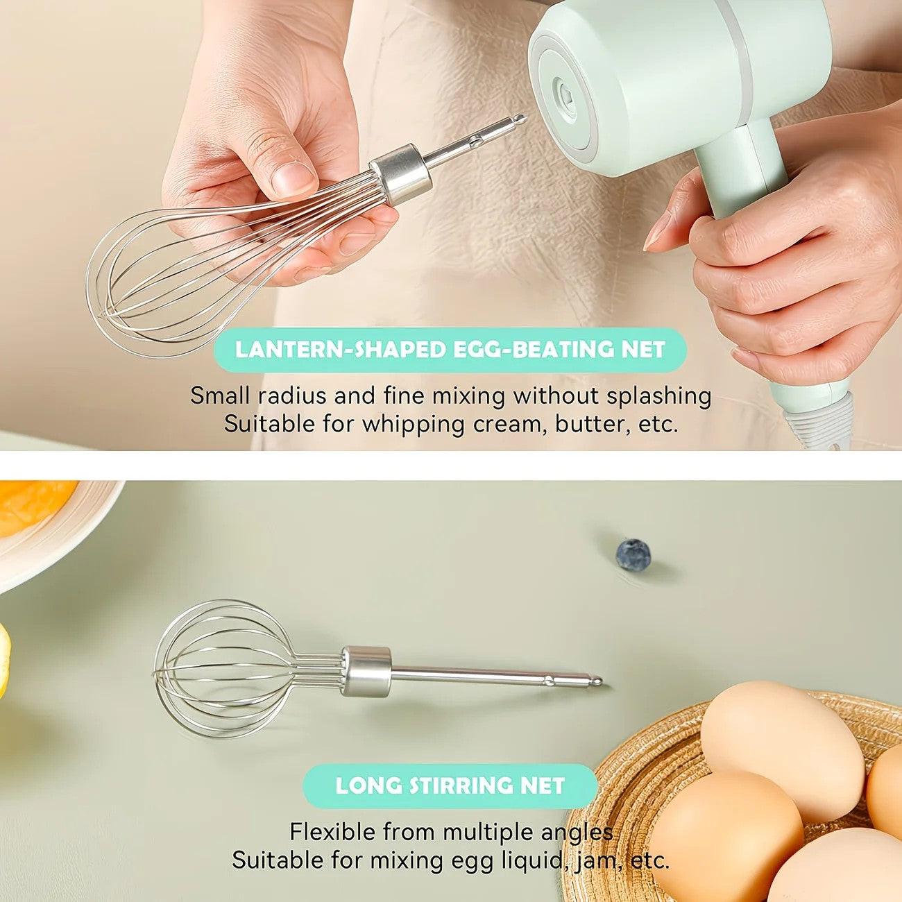 Green Wireless charging handheld mixer, 30W with three-speed settings. Dual whisk heads designed for whipping eggs, cream, and batter. Suitable for both kitchen and outdoor use, also an ideal gift..