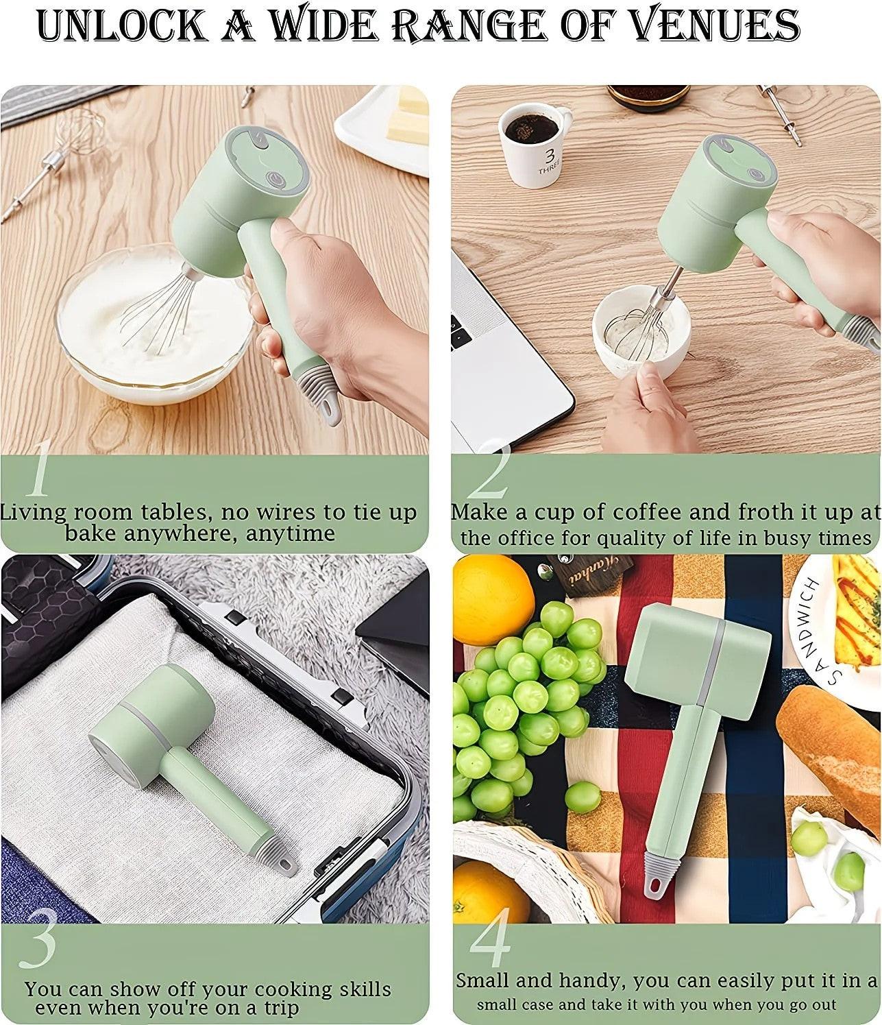 Green Wireless charging handheld mixer, 30W with three-speed settings. Dual whisk heads designed for whipping eggs, cream, and batter. Suitable for both kitchen and outdoor use, also an ideal gift..