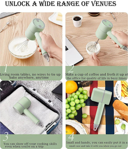 Green Wireless charging handheld mixer, 30W with three-speed settings. Dual whisk heads designed for whipping eggs, cream, and batter. Suitable for both kitchen and outdoor use, also an ideal gift..
