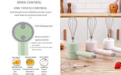 Green Wireless charging handheld mixer, 30W with three-speed settings. Dual whisk heads designed for whipping eggs, cream, and batter. Suitable for both kitchen and outdoor use, also an ideal gift..