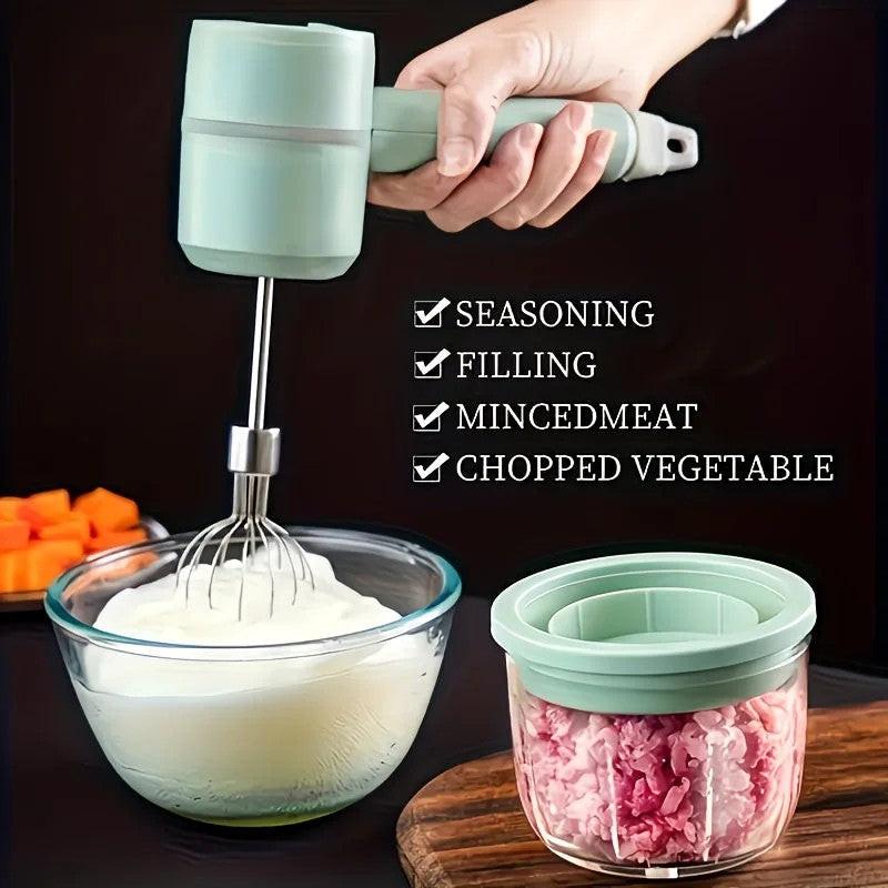 Green Wireless charging handheld mixer, 30W with three-speed settings. Dual whisk heads designed for whipping eggs, cream, and batter. Suitable for both kitchen and outdoor use, also an ideal gift..