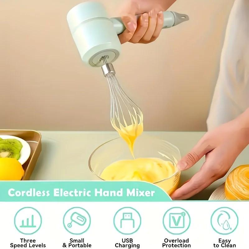 Green Wireless charging handheld mixer, 30W with three-speed settings. Dual whisk heads designed for whipping eggs, cream, and batter. Suitable for both kitchen and outdoor use, also an ideal gift..