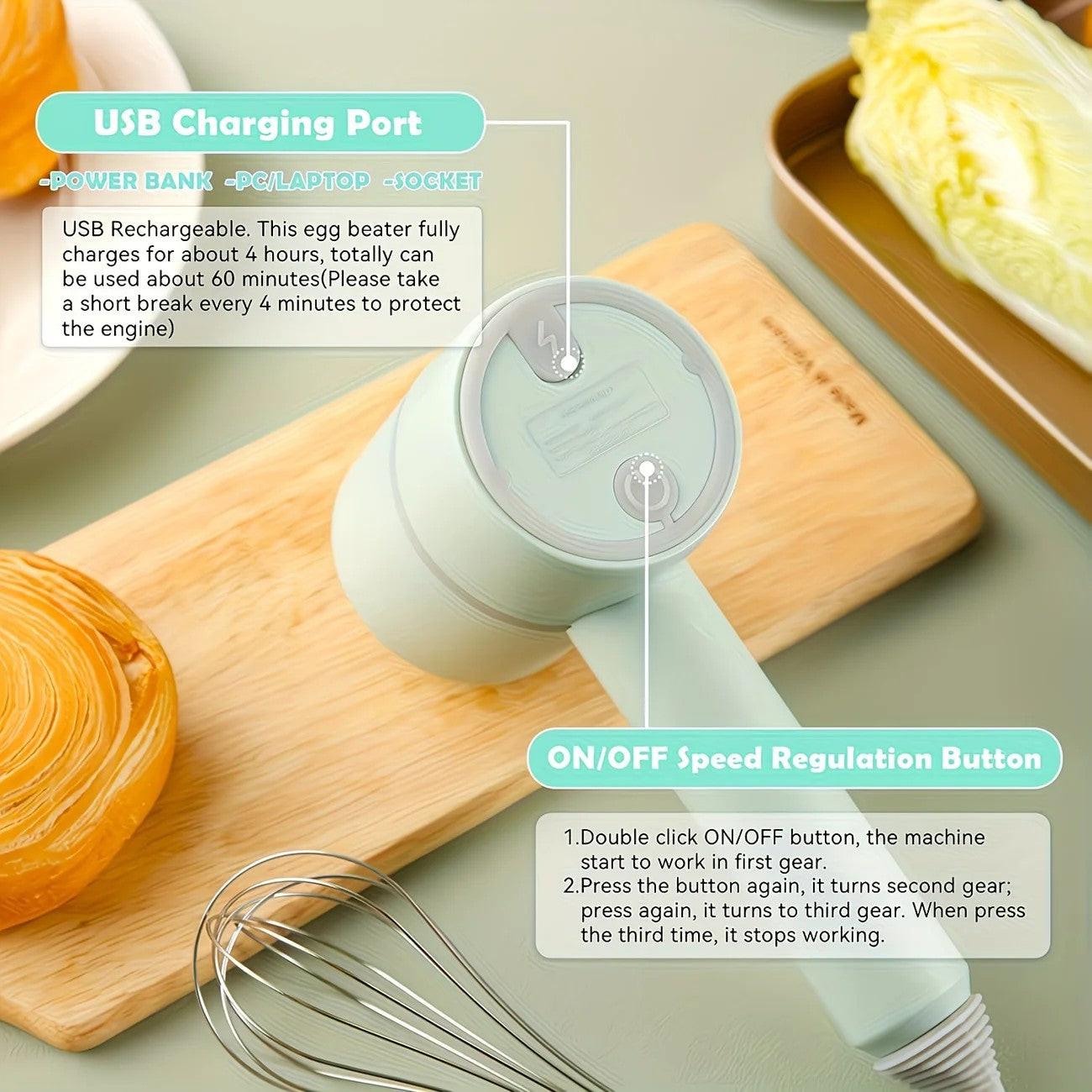 Green Wireless charging handheld mixer, 30W with three-speed settings. Dual whisk heads designed for whipping eggs, cream, and batter. Suitable for both kitchen and outdoor use, also an ideal gift..