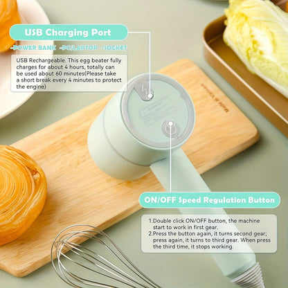 Green Wireless charging handheld mixer, 30W with three-speed settings. Dual whisk heads designed for whipping eggs, cream, and batter. Suitable for both kitchen and outdoor use, also an ideal gift..