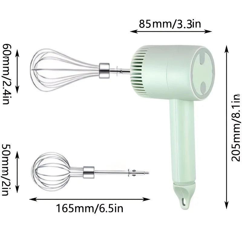 Green Wireless charging handheld mixer, 30W with three-speed settings. Dual whisk heads designed for whipping eggs, cream, and batter. Suitable for both kitchen and outdoor use, also an ideal gift..