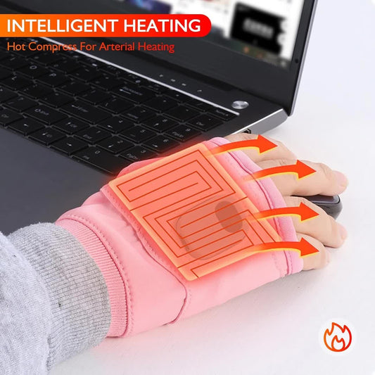 Pink Professional USB electric heating fingerless gloves, unisex, with LED temperature display, 3-level adjustable heating, and effective cold protection. Suitable for typing, gaming, skiing, and daily wear, this is a practical winter holiday gift.