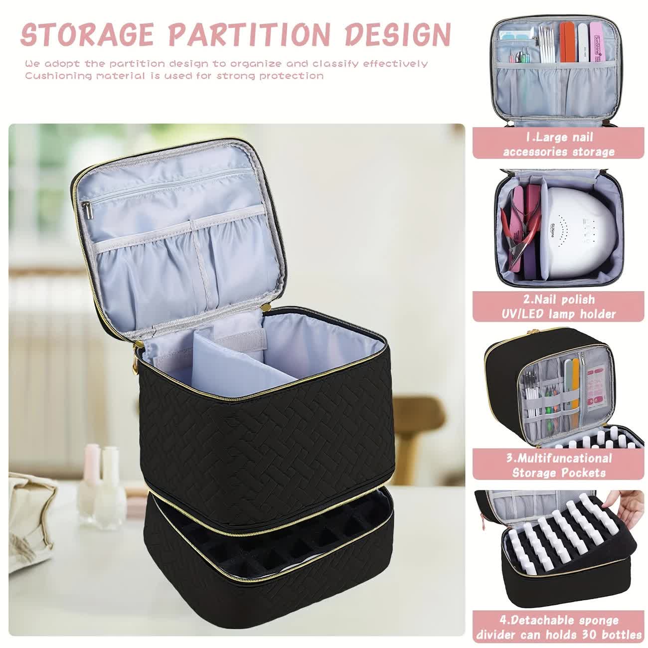 Green Double‑layer woven storage, scientifically organized with large capacity—Professional Nail Tool Carry‑on Bag, keeping tools perfectly ordered.