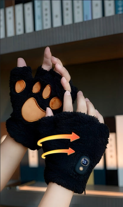 BLACK Cat Paw Fingerless Electric Heating Gloves, 3 adjustable heating levels, washable, 2000mAh battery, fluffy and warm, perfect for study and entertainment, ideal gift for birthdays and Christmas.