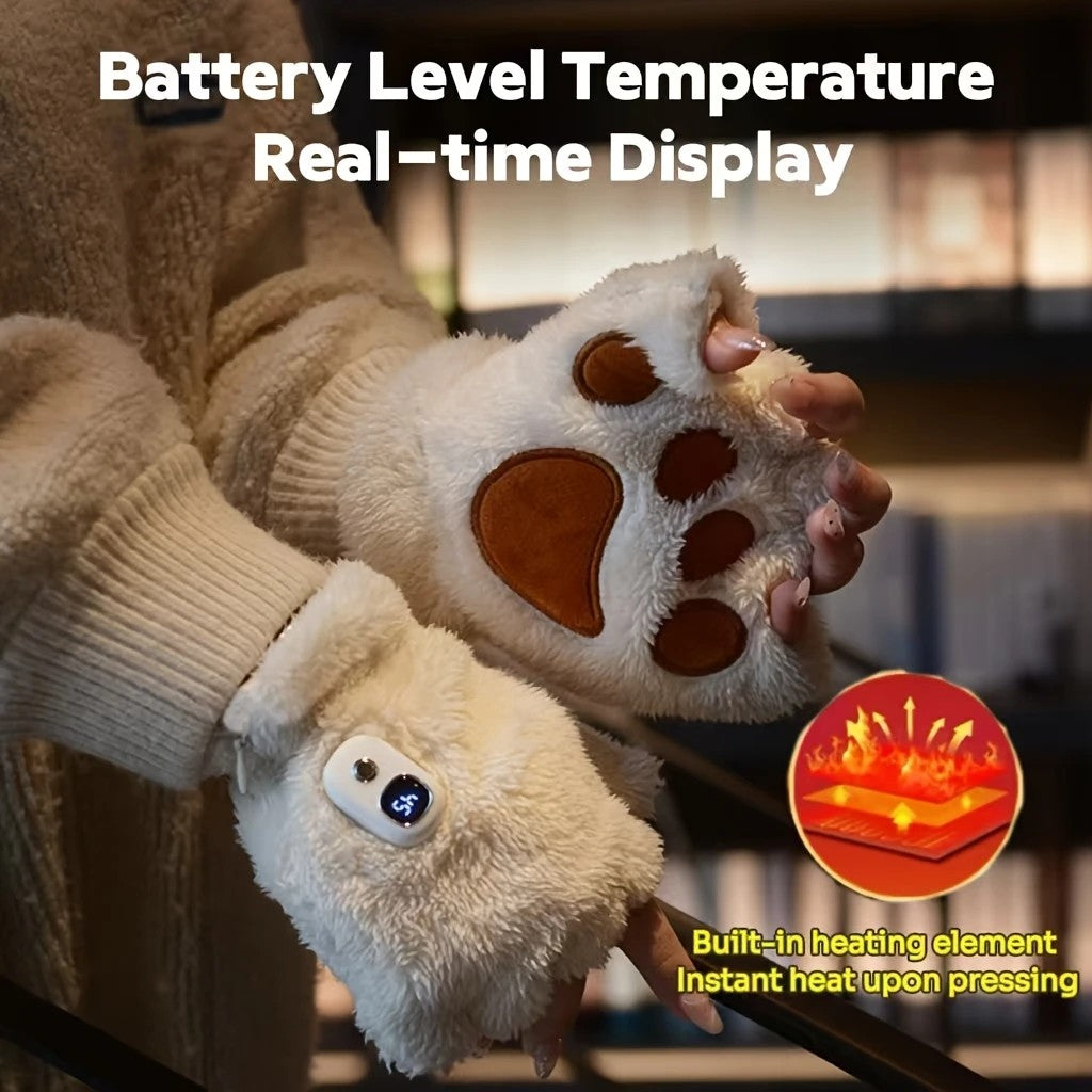BLACK Cat Paw Fingerless Electric Heating Gloves, 3 adjustable heating levels, washable, 2000mAh battery, fluffy and warm, perfect for study and entertainment, ideal gift for birthdays and Christmas.