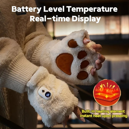 BLACK Cat Paw Fingerless Electric Heating Gloves, 3 adjustable heating levels, washable, 2000mAh battery, fluffy and warm, perfect for study and entertainment, ideal gift for birthdays and Christmas.