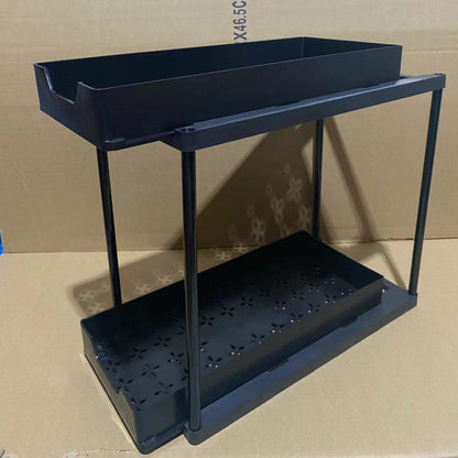 BLACK Two-tier pull-out storage rack. An organizational lifesaver for under the kitchen sink. Features adjustable shelves for easy storage of bottles and jars. In a sleek, modern design. Perfect as a kitchen shelf, bathroom organizer, or household storage