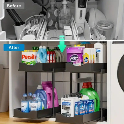 BLACK Two-tier pull-out storage rack. An organizational lifesaver for under the kitchen sink. Features adjustable shelves for easy storage of bottles and jars. In a sleek, modern design. Perfect as a kitchen shelf, bathroom organizer, or household storage