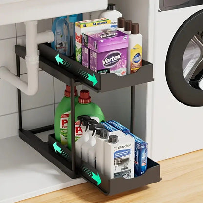 BLACK Two-tier pull-out storage rack. An organizational lifesaver for under the kitchen sink. Features adjustable shelves for easy storage of bottles and jars. In a sleek, modern design. Perfect as a kitchen shelf, bathroom organizer, or household storage