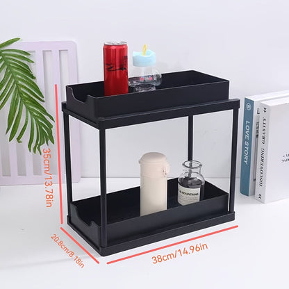 BLACK Two-tier pull-out storage rack. An organizational lifesaver for under the kitchen sink. Features adjustable shelves for easy storage of bottles and jars. In a sleek, modern design. Perfect as a kitchen shelf, bathroom organizer, or household storage