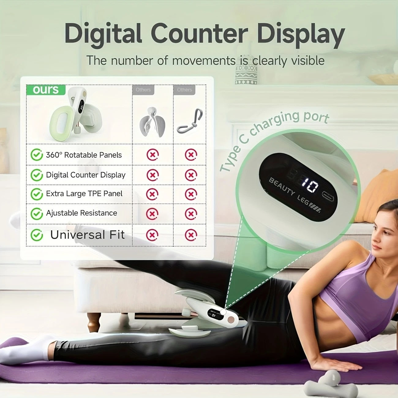 Smart Counting Buttocks and Leg Trainer. Adjustable resistance for precise activation of glute and inner thigh muscles. Features anti-slip design—your essential home fitness tool for body shaping, effortlessly tracking workout repetitions.（GREEN)