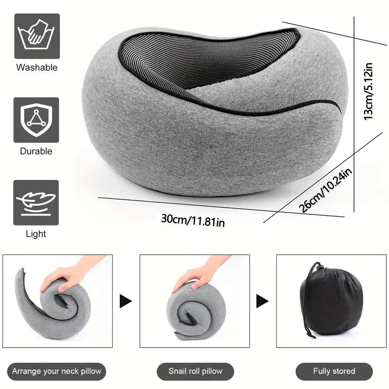 black Snail Airplane Neck Pillow – Travel pillow with soft supportive design, ideal for sleep, cars, trains, the office, and home use. Includes a washable pillowcase and portable cervical support pad with storage bag.