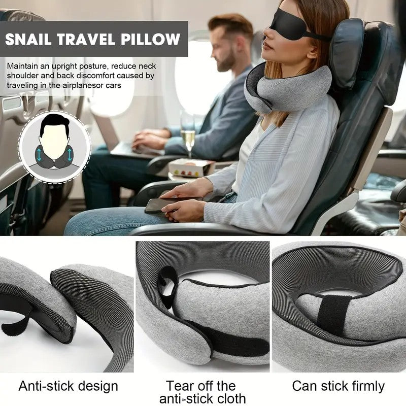 black Snail Airplane Neck Pillow – Travel pillow with soft supportive design, ideal for sleep, cars, trains, the office, and home use. Includes a washable pillowcase and portable cervical support pad with storage bag.