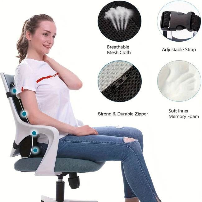 1 Lumbar Support Pillow for Lower Back and Posture - Memory Foam Cushion with Adjustable Strap, Breathable Mesh Cover and Dual Straps (Office Chair, Car, Gaming) - Spine Health Aid, Office Furniture, Back Cushion, Back Pain Relief Pad Main Image
