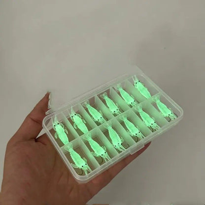 Glow-in-the-Dark Shrimp Lure 20-Piece Box Set | Night Fishing Essential, Soft Plastic Lure with Hooks, Suitable for Freshwater and Saltwater, Ideal for Bass/Trout/Crappie/Walleye/Redfish