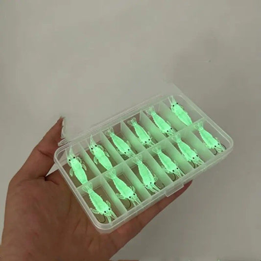 Glow-in-the-Dark Shrimp Lure 20-Piece Box Set | Night Fishing Essential, Soft Plastic Lure with Hooks, Suitable for Freshwater and Saltwater, Ideal for Bass/Trout/Crappie/Walleye/Redfish