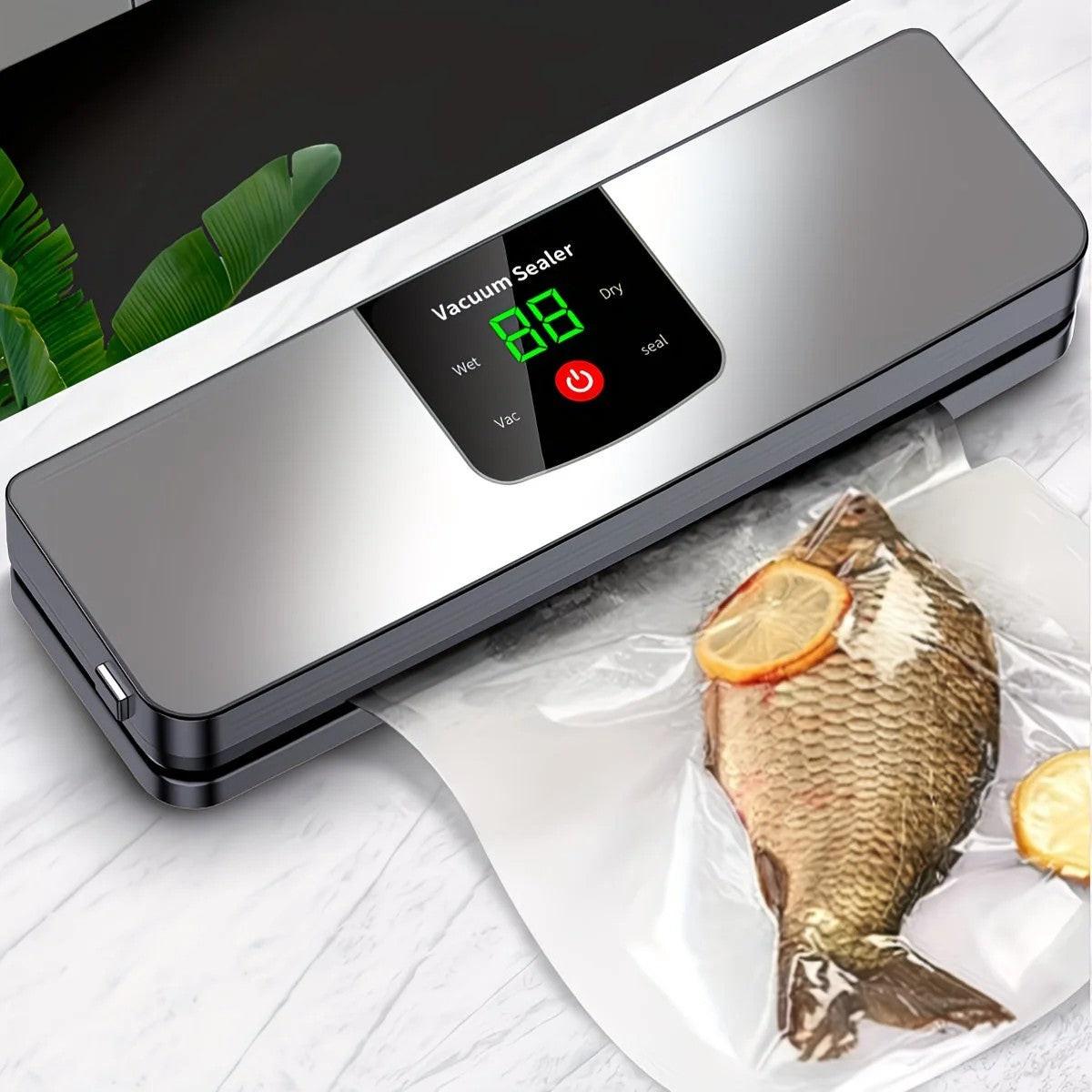 silver Rechargeable Vacuum Sealer with USB Port, designed for preserving food in both dry and wet environments, equipped with an LED screen, ideal for travel and camping..
