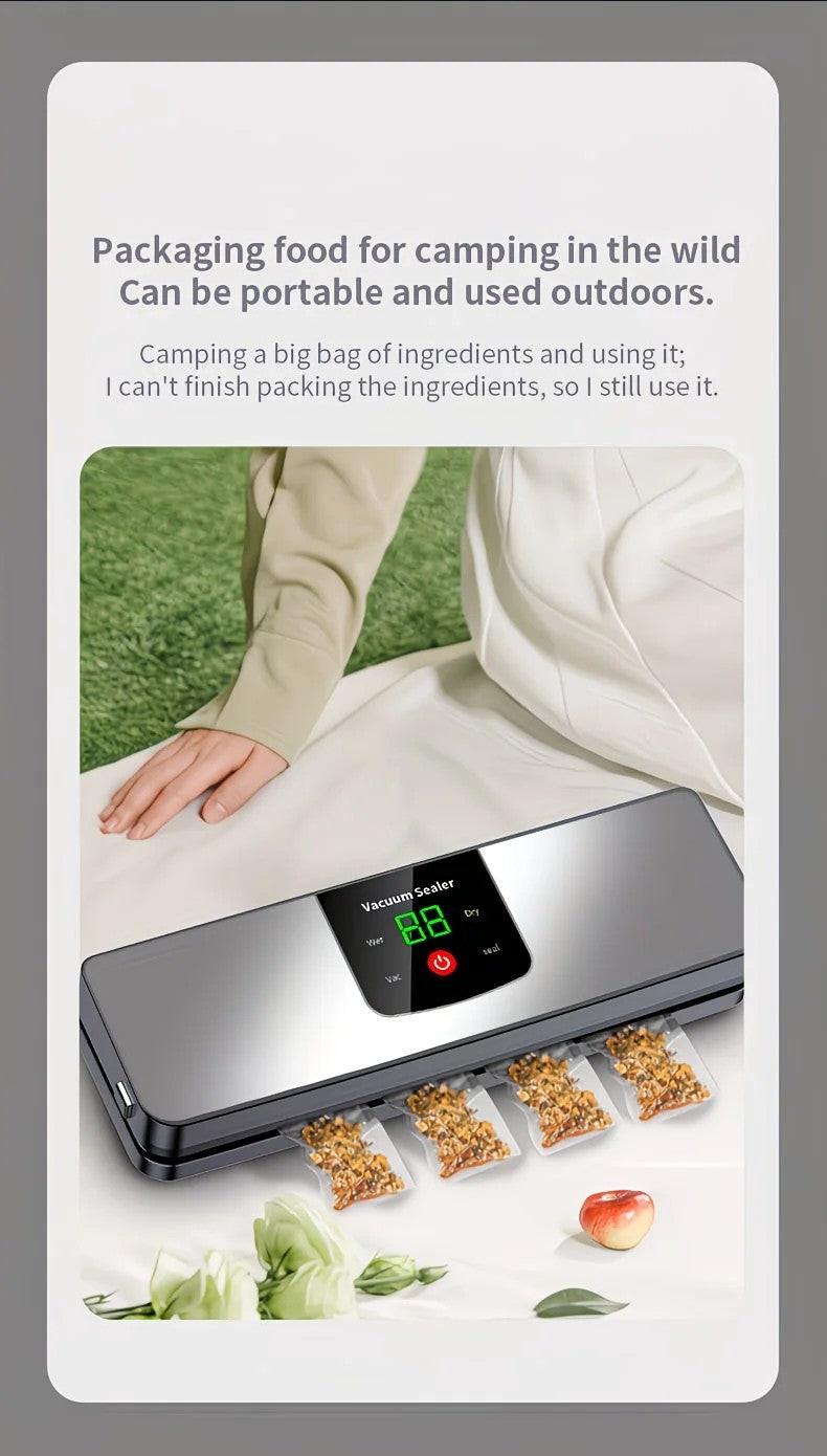 silver Rechargeable Vacuum Sealer with USB Port, designed for preserving food in both dry and wet environments, equipped with an LED screen, ideal for travel and camping..