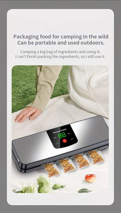 silver Rechargeable Vacuum Sealer with USB Port, designed for preserving food in both dry and wet environments, equipped with an LED screen, ideal for travel and camping..