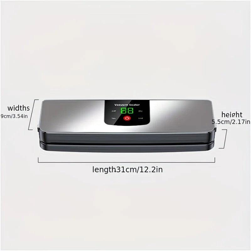 silver Rechargeable Vacuum Sealer with USB Port, designed for preserving food in both dry and wet environments, equipped with an LED screen, ideal for travel and camping..