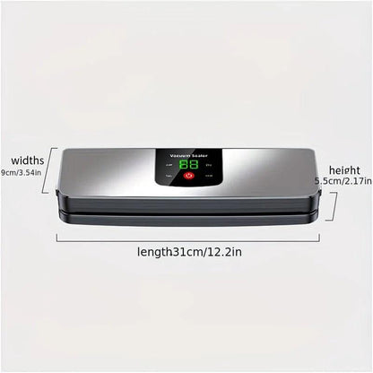 silver Rechargeable Vacuum Sealer with USB Port, designed for preserving food in both dry and wet environments, equipped with an LED screen, ideal for travel and camping..