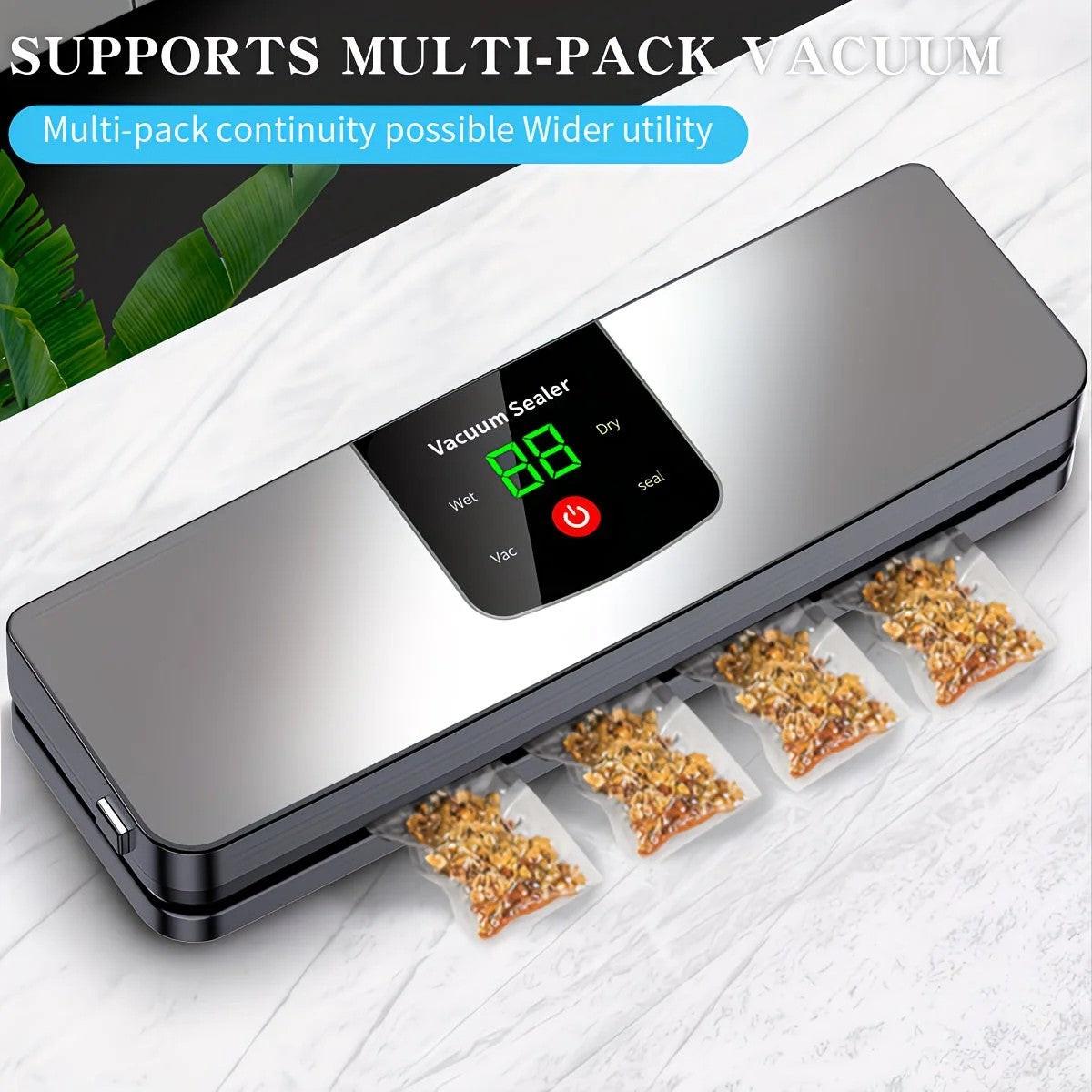 silver Rechargeable Vacuum Sealer with USB Port, designed for preserving food in both dry and wet environments, equipped with an LED screen, ideal for travel and camping..