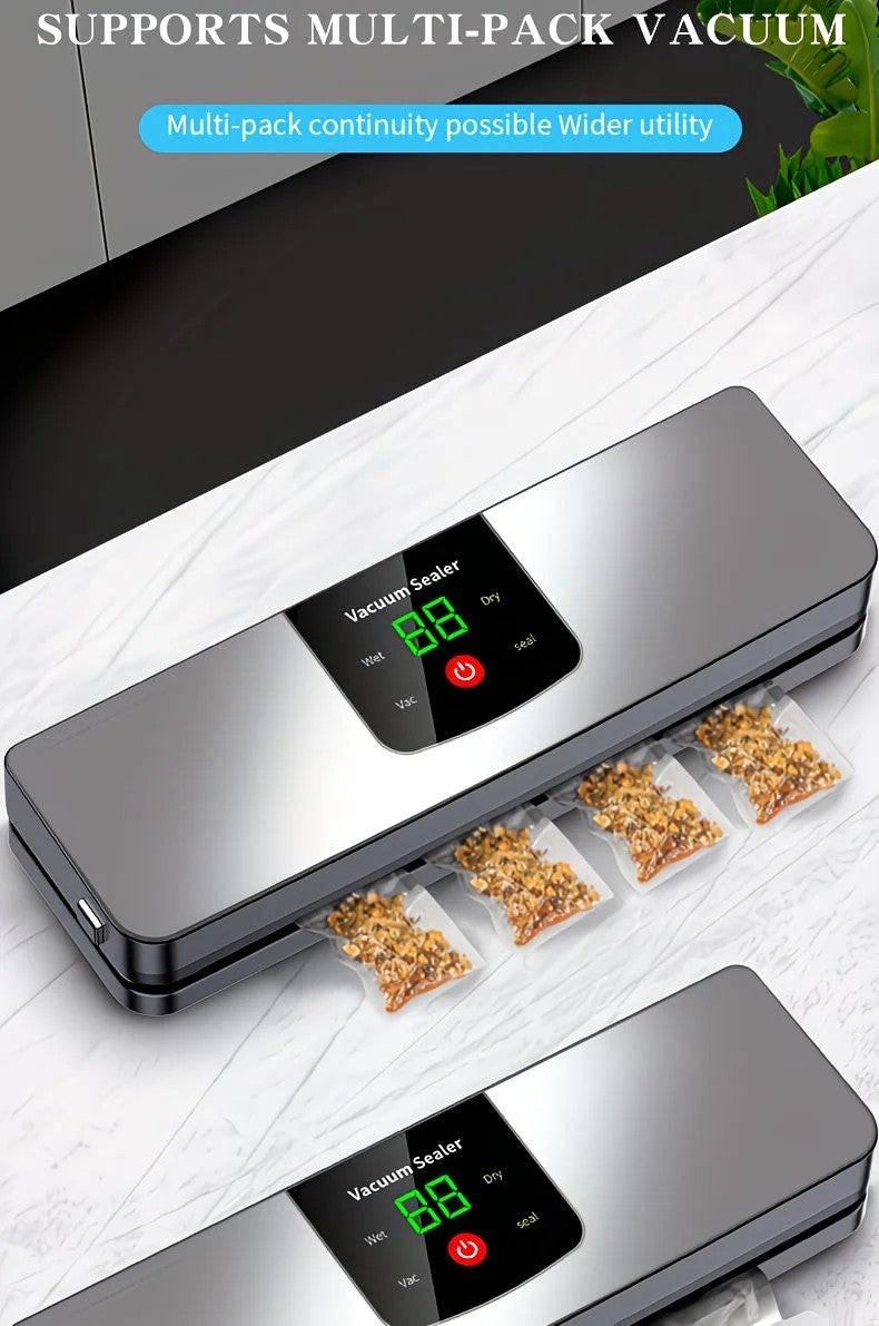 silver Rechargeable Vacuum Sealer with USB Port, designed for preserving food in both dry and wet environments, equipped with an LED screen, ideal for travel and camping..