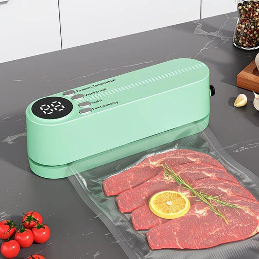 USB Rechargeable Portable Vacuum Sealer, includes sealing bags and a rapid vacuum pump. Space-saving design, suitable for vacuum packing snacks, meat, fruits, and vegetables for food preservation.GREEN.