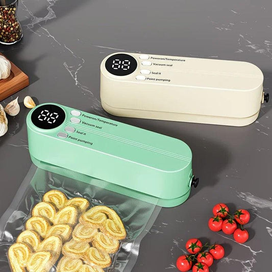 USB Rechargeable Portable Vacuum Sealer, includes sealing bags and a rapid vacuum pump. Space-saving design, suitable for vacuum packing snacks, meat, fruits, and vegetables for food preservation.GREEN.