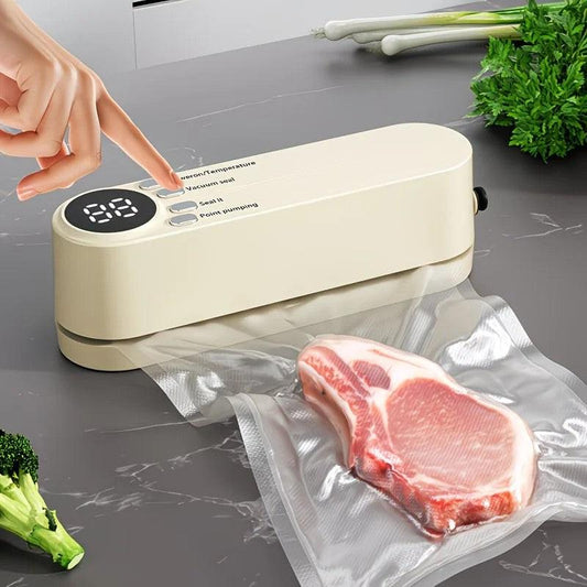 beige.USB Rechargeable Portable Vacuum Sealer, includes sealing bags and a rapid vacuum pump. Space-saving design, suitable for vacuum packing snacks, meat, fruits, and vegetables for food preservation..