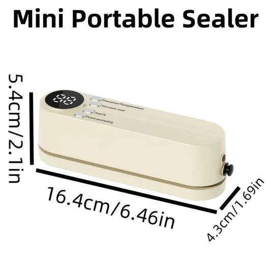 beige.USB Rechargeable Portable Vacuum Sealer, includes sealing bags and a rapid vacuum pump. Space-saving design, suitable for vacuum packing snacks, meat, fruits, and vegetables for food preservation..