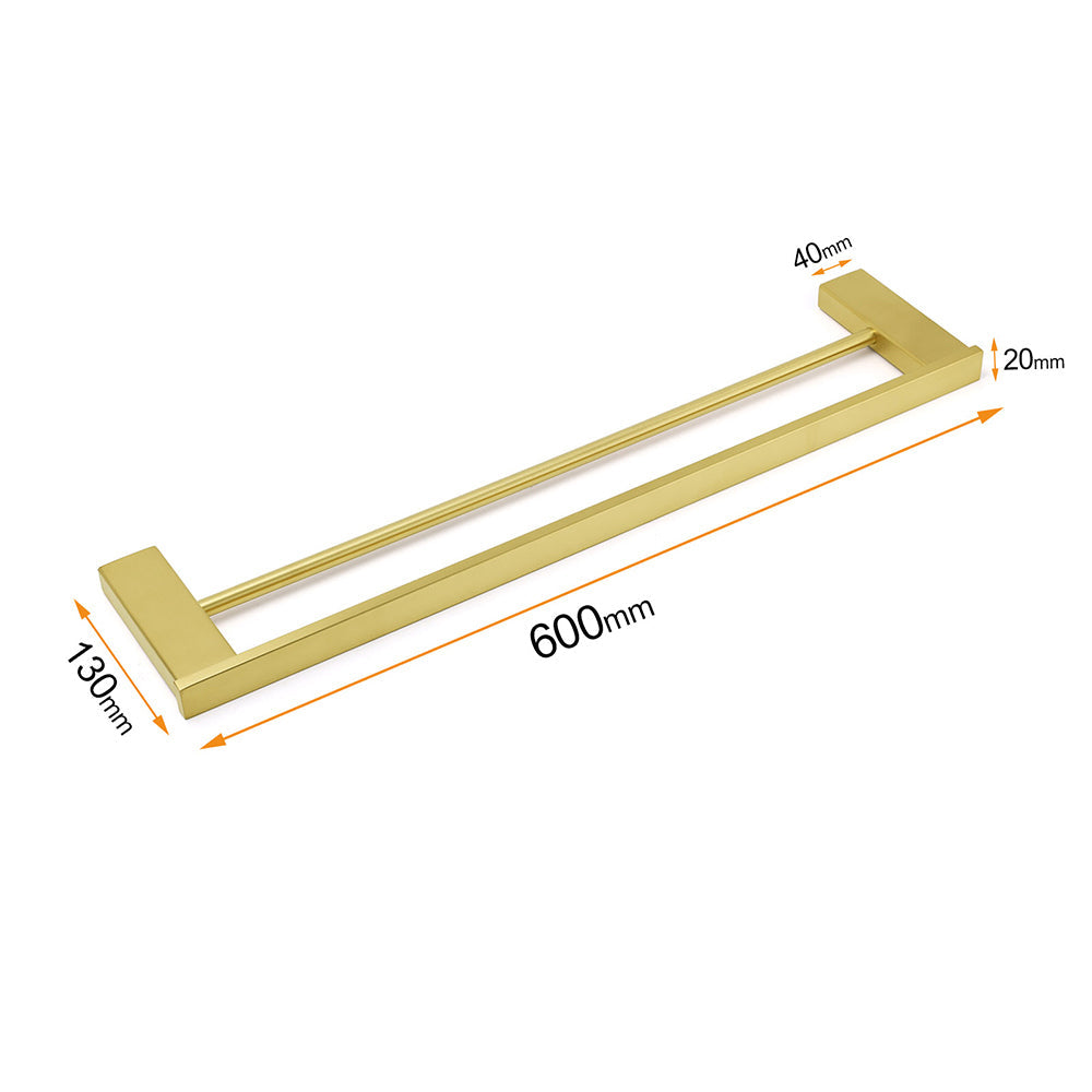 Square SUS Double Towel Rail Rack 600mm Brushed Gold Hanger Holder Bar Bathroom